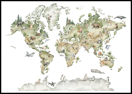 Animal World Map Poster