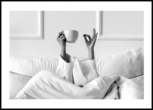 Woman With Coffee Cup On The Bed Poster