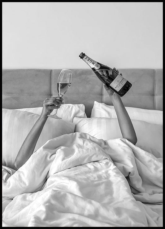 Woman Drinking Wine in Bed Poster
