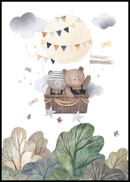 Bear Friends In Hot Air Balloon Nursery Poster