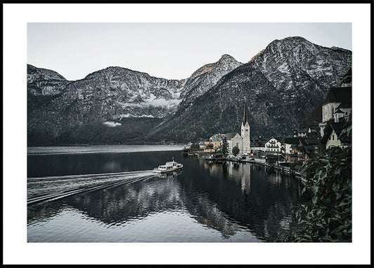 Serene Mountain Village Reflection Plakat