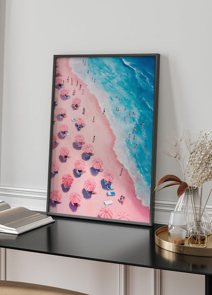 Pink Beach Blue Ocean Oil Painting Style Plakat